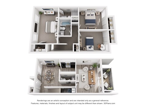 A floor plan of a small apartment with two bedrooms, a living room, a kitchen, and a bathroom.